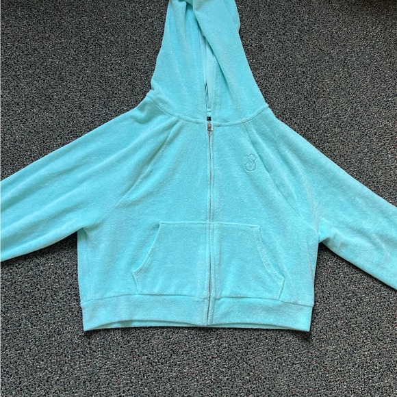 Victoria’s Secret Tourquoise Blue Green Cropped Zip-Up Sweater Terry Cloth Sz XS - Picture 7 of 16